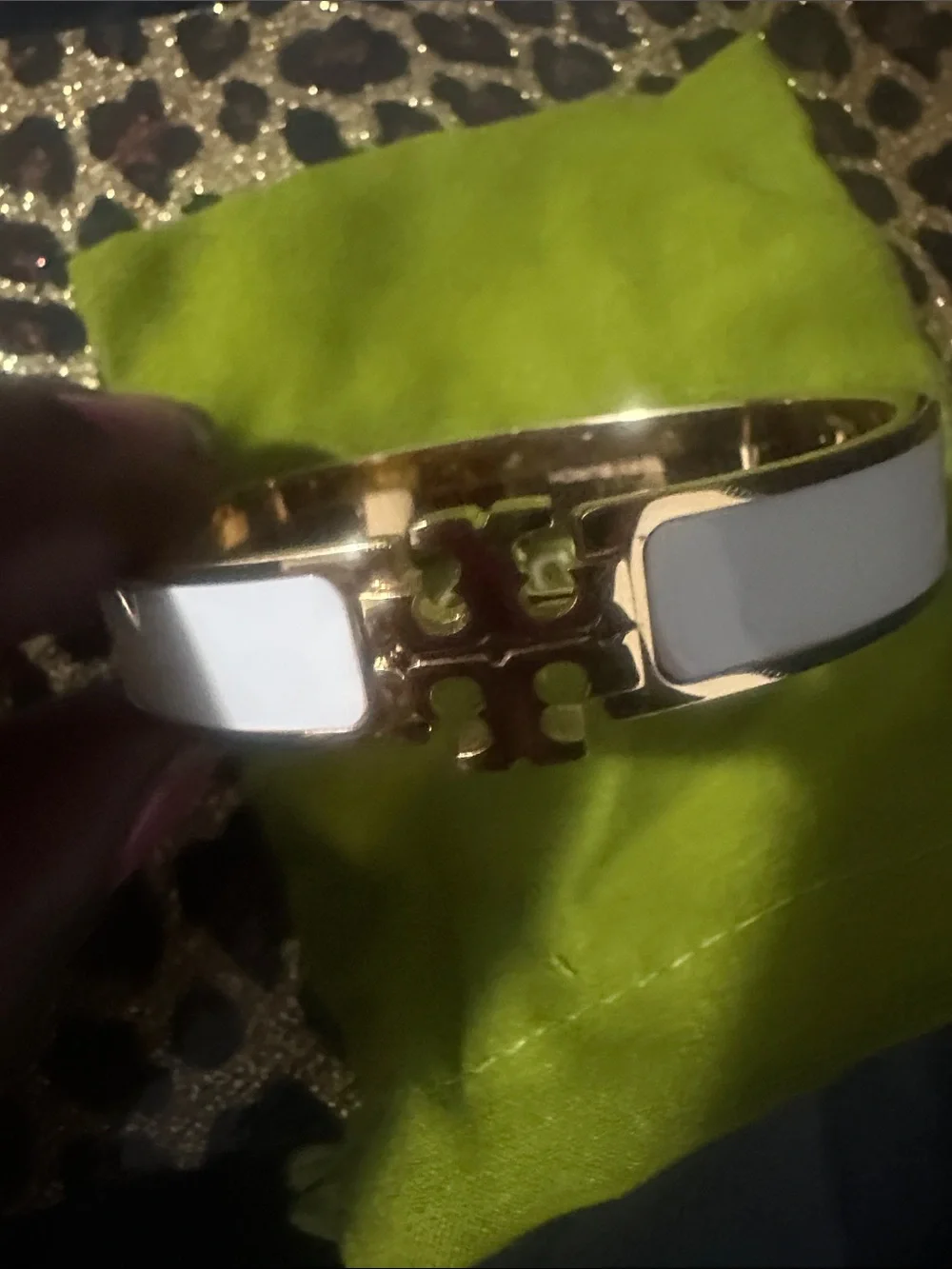 Tory Burch Gold-Tone Logo Hinge Bangle with White Inlay